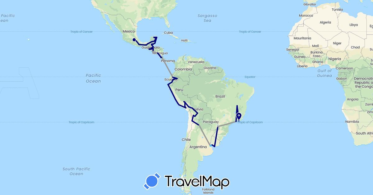 TravelMap itinerary: driving, plane, boat in Argentina, Bolivia, Brazil, Belize, Chile, Costa Rica, Ecuador, Guatemala, Honduras, Mexico, Nicaragua, Peru, El Salvador, Uruguay (North America, South America)